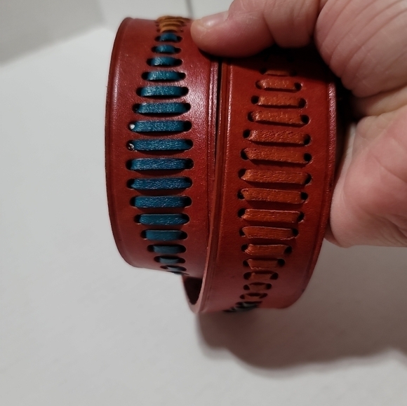 Vintage Leather Whipstitched Belt 30 Red Covered Buckle Western Boho - Picture 2 of 6